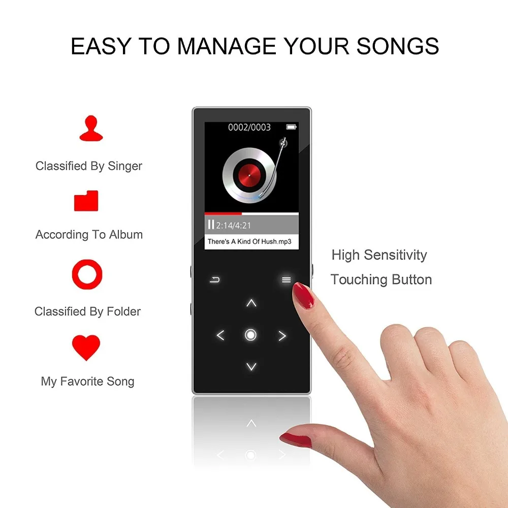 Сенсорная кнопка 16 Гб MP3 плеер с Bluetooth HiFi без потерь Музыкальный Плеер 1,8 дюймов TFT Экран Встроенный динамик, FM радио, Регистраторы