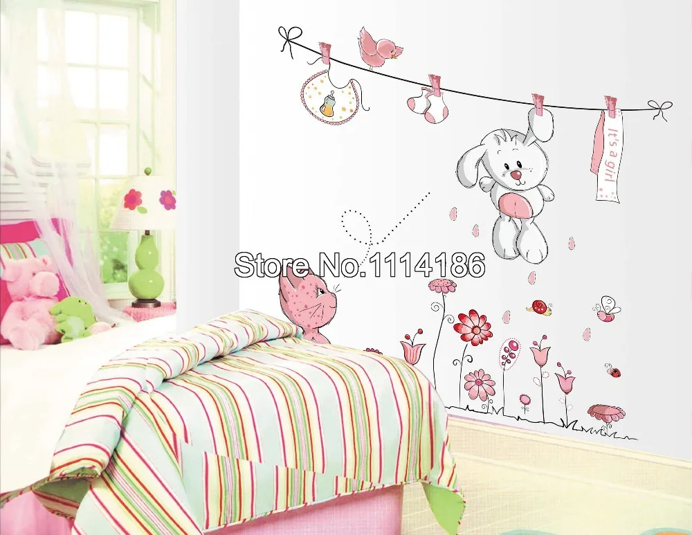 new pink cartoon cat drying clothes wall sticker for baby girls