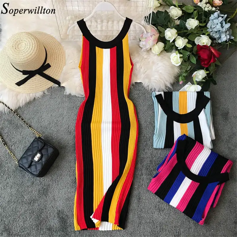 

Summer Dress Sleeveless Women Sexy Halter Striped Pencil Dresses Tank Bodycon 2019 Spring Knitted Sweater Vestidos Vintage C65
