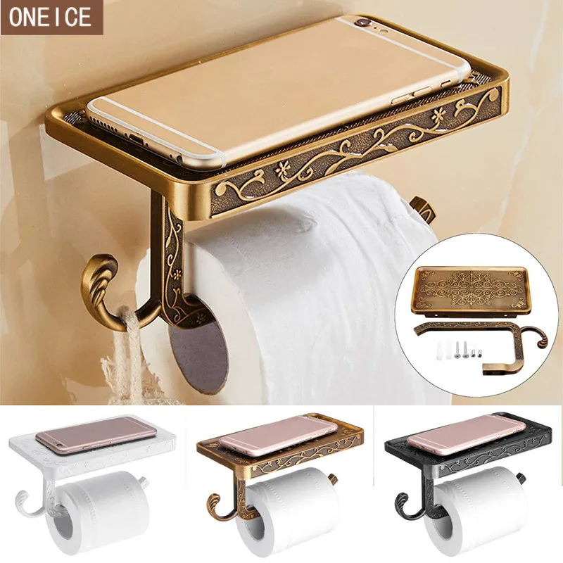 

Antique carved wall decoration storage rack Zinc alloy paper towel mobile phone holder with shelf Bathroom storage free shipping