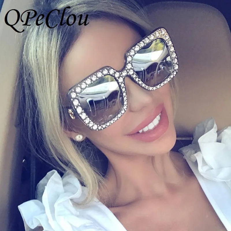 QPeClou женские роскошные солнцезащитные очки с кристаллами брендовые квадратные
