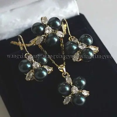 

8MM Black South sea Shell Pearl Earrings /Ring / Necklace Pendant Set18K gold plated watch wholesale Quartz stone CZ crystal