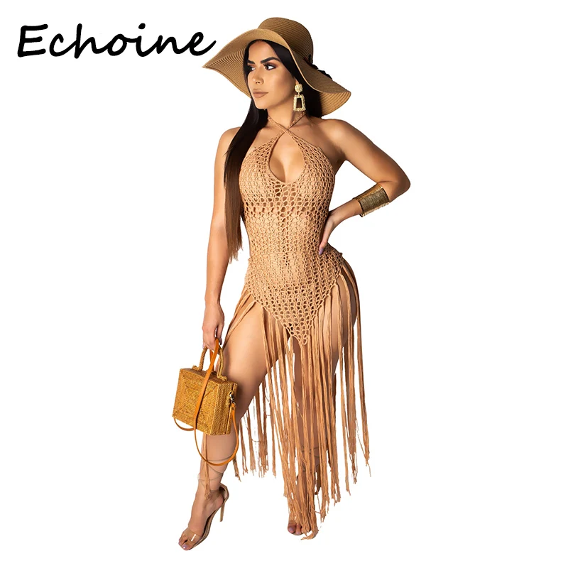 

Echoine Sexy Tassel Mini Dress Hollow Out Sleeveless Backless Bandage Beach Dress Summer Dress 2019 Vestidos Outfits