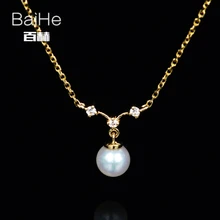 BAIHE Solid 14K Yellow Gold 4MM Certified 100% Genuine Natural Pearl Anniversary Women Trendy Jewelry Elegant unique Necklaces