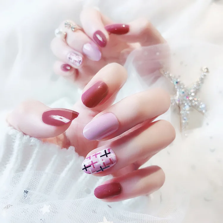 

24 pcs Full Cover Fake Press On Nails Taro Purple Cherry Red False Nails With Cross Designs Sweet Fashion Artificial Nail Tips