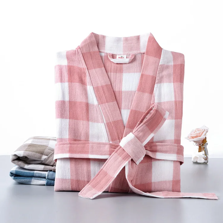 Лето Осень новинка Хлопок халаты двухслойные марлевые кимоно в клетку ночная рубашка свободный большой размер Домашний банный халат халаты