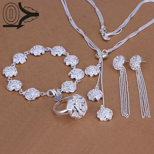 

Wholesale Silver Plated Jewelry Set,Cheap Bridal Party Sets,Fashion Rose Flower Silver Necklace Bracelet Earring Ring Four-piece
