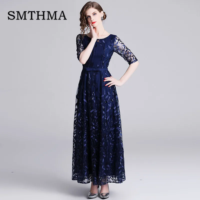 

SMTHMA High-end boutique Womens Long Dresses Long Sleeve Mesh Embroidery Sequin Runway Dress Female Summer dress 2019