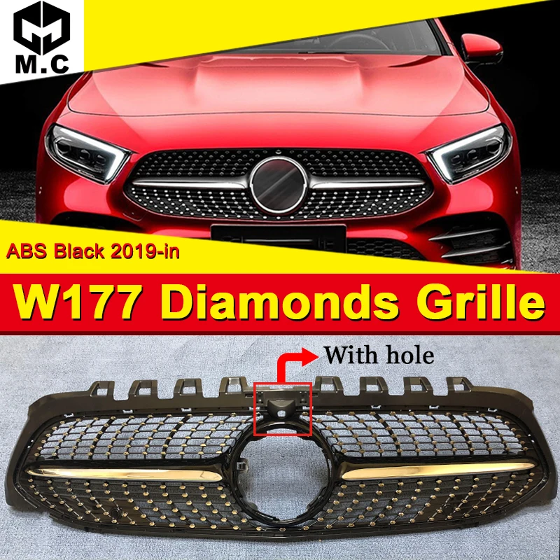

W177 A class A45AMG grille grill Diamonds style Sport With Camera For MercedesMB grills ABS black Without Sign From june 2018 On