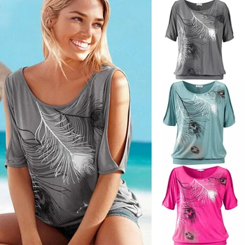 Slit Sleeve Cold Shoulder Feather Print Women Casual Summer T Shirt Girl 2016 Tee Tshirt