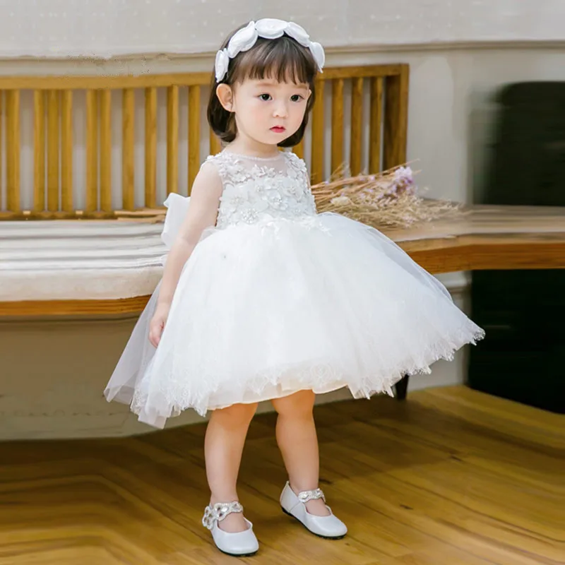 Новое модное платье с цветочным узором и блестками для девочек на свадьбу; платье принцессы из белого тюля для маленьких девочек; платье для крещения на первый день рождения