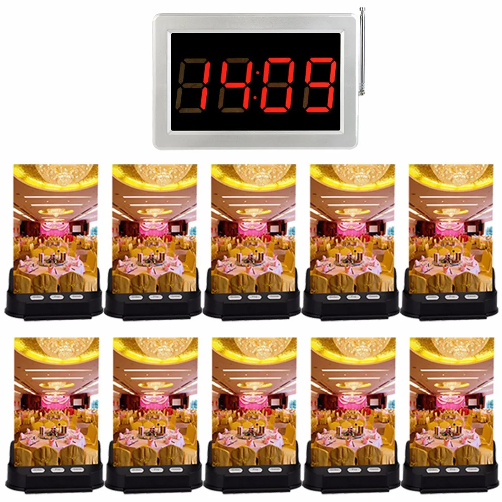 

Restaurant Table Call Bell System Waiter Wireless Calling System Desk Card Pagers 1 Receiver Display+10 Call Button Equipments