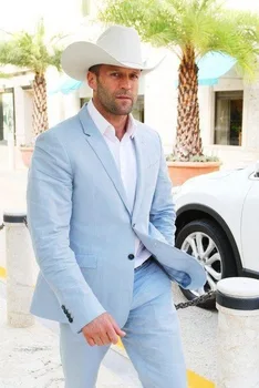 

Men's natural blue double button suit (clothes + pants) 2 pieces for casual ball party Slim, work formal business suit