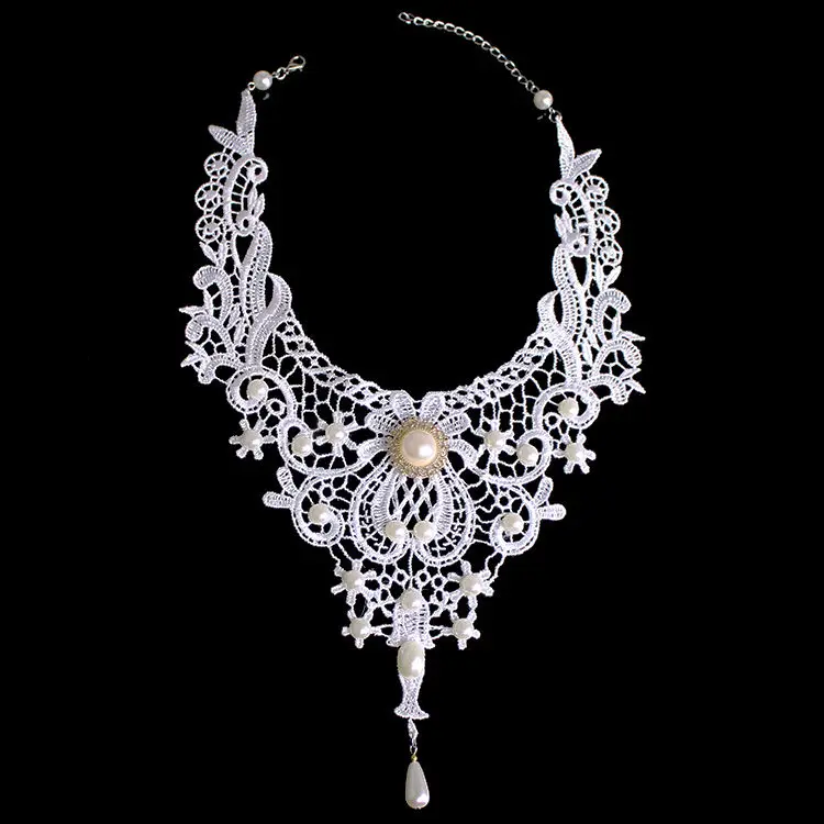 

Women Necklaces Bridal Wedding White Gothic Flower Lace Pearl Drop Choker Chunky Bib Statement Short Necklace Fashion Jewelry