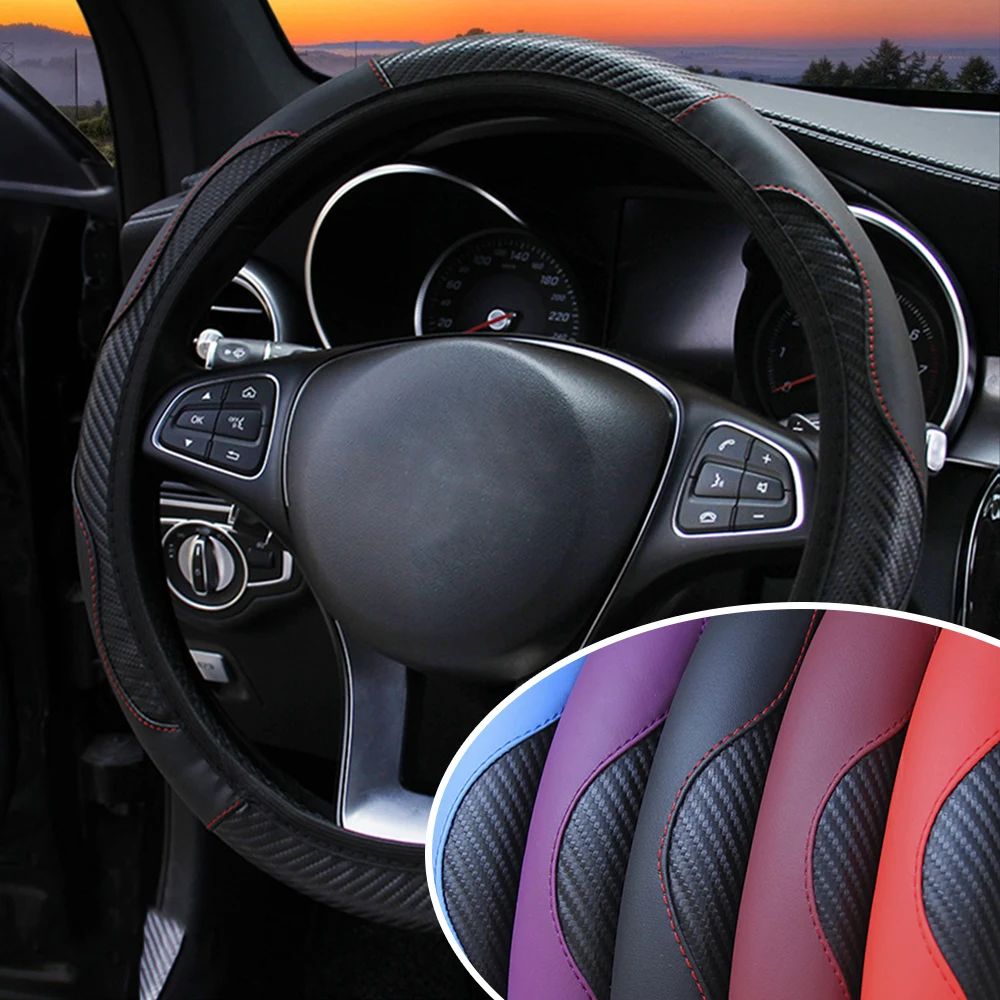 

LEEPEE Car Steering Wheel Cover Suitable for 37-38cm Universal Anti Slip Breathable Carbon Fiber PU Leather Steering Covers