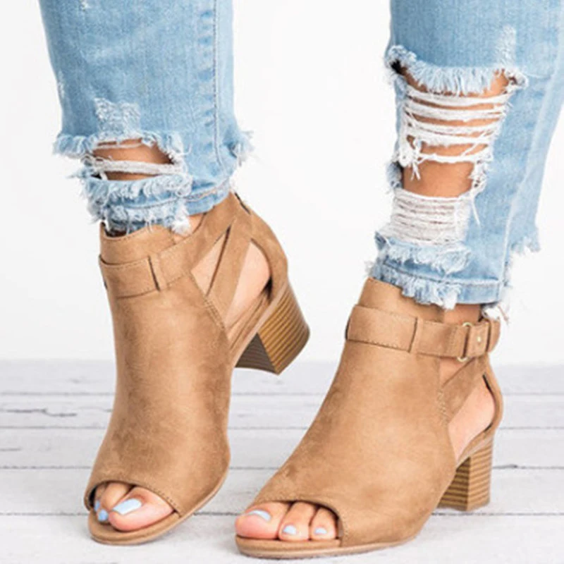 

Woman Sandals 2019 Summer Fashion Gladiator Square Heel Pumps High Heels Buckle Strap Female Solid Color Sandals Plus Size 34-43