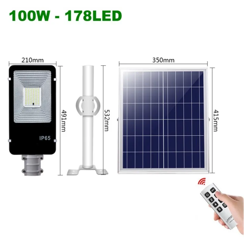 1 шт., светодиодный уличный фонарь на солнечной батарее, уличный промышленный светильник, водонепроницаемая солнечная панель, пульт дистанционного управления, 200 Вт, 100 Вт, 70 Вт, 40 Вт, 20 Вт, светодиодный уличный фонарь - Испускаемый цвет: 100W 178LEDs