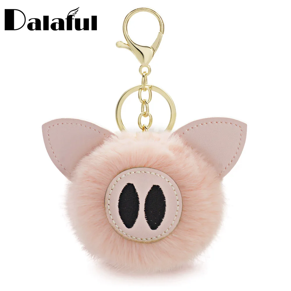

Dalaful Pompom Piggy Pig Keychains Bunny Rabbit Fur Ball Keyrings Animal Pom Pom Leather Trinkets For Car Key Chains K359