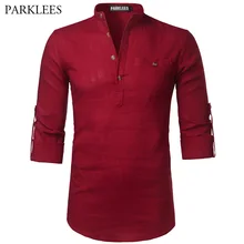 Льняная мужская рубашка, новинка, Брендовые мужские рубашки, свернутые рукава, облегающие мужские рубашки, Повседневная рубашка, Camisa Masculina Henley, 2XL