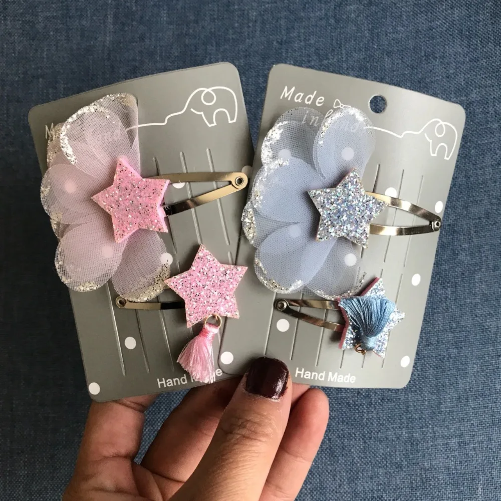 

One Pair New Summer Children Hair Clips Lace Half Flower Hairgrips Hair Accessories Twinkling Star Tassels Shiny Hairpins Gift