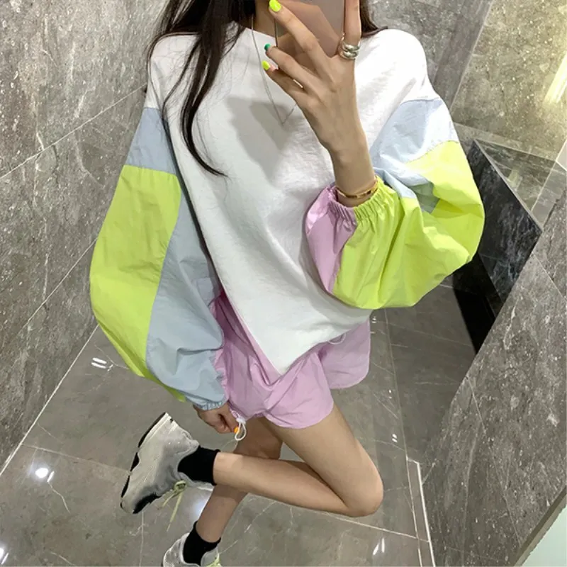 WHITNEY WANG 2019 летние модные уличные цвета контрастные Лоскутные толстовки и шорты