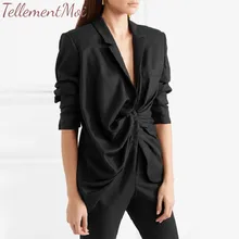 Blazer for Womens Solid 3/4 Ruched Sleeve Open Front Draped V Neck Lapel Work Office Blazer Jacket Lady Casual Slim Pleated Suit