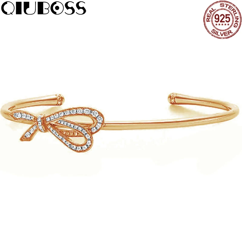 

QIUBOSS TIFF 925 Sterling Silver Genuine Zirconia ButterFly Bracelet Charm Elegant Ms. Open Bracelet Gold DIY Gift Jewelry