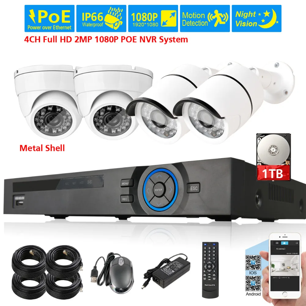 IP66 4CH 1080p network security cctv 2.0mp waterproof IP camera NVR System 4ch POE Kit Video Surveillance set HDMI 1080P 1TB |