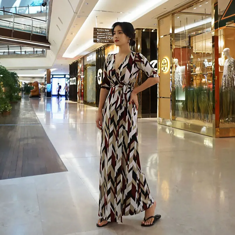 Maxi Imprimé Longue Dames Wrap Géométrique Femmes Automne Femme Robe 2019 Hiver Multi Casual xwTYS06YIq