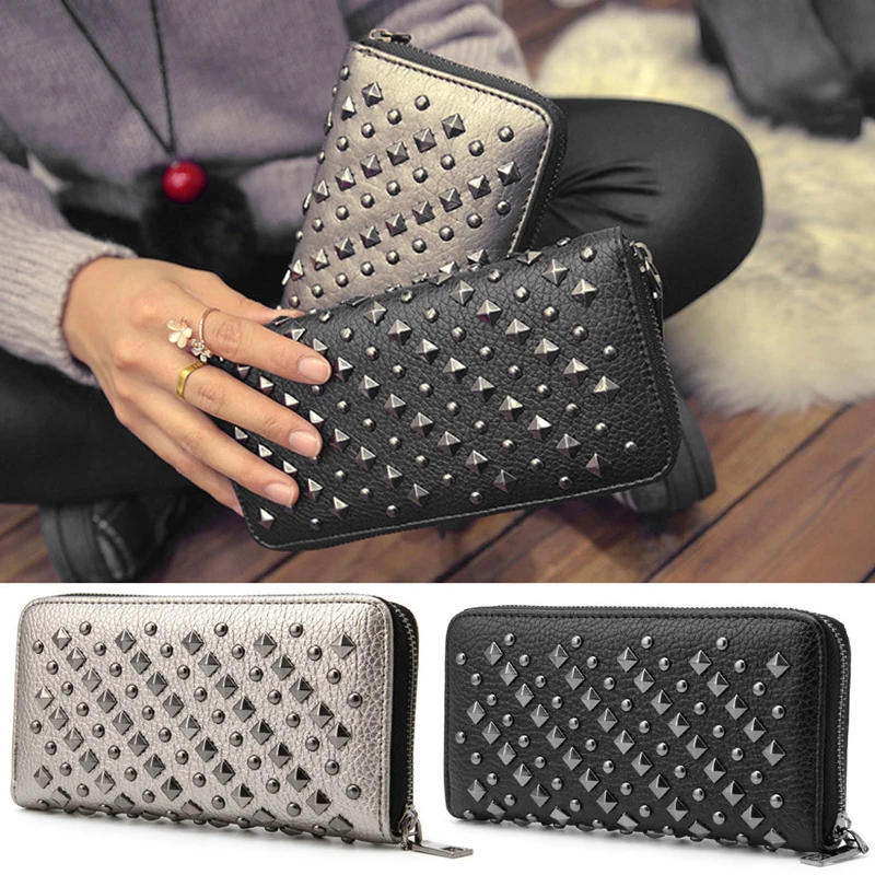 

THINKTHENDO Fashion Women Punk Faux Leather Clutch Wallet Rivet Holder Purse Handbag Zipper