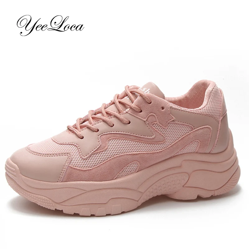 Acheter Chunky de femmes Sneakers 2018 Mode Panier Femmes Plate Forme Chaussures Dentelle Up Rose Blanc Femelle Formateurs Talon Papa Casual Chaussures