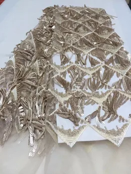 

New Gold Sequins Lace Fabric 2019 Tassels sequins Nigerian Laces Fabric High Quality French Tulle Lace Fabric For Women Dress