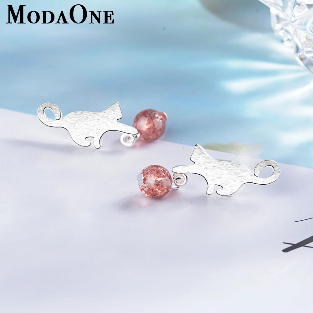 

Cat Natural Strawberry Crystal Moonstone Sterling Silver Stud Earring For Women Fashion Jewelry Aretes De Mujer