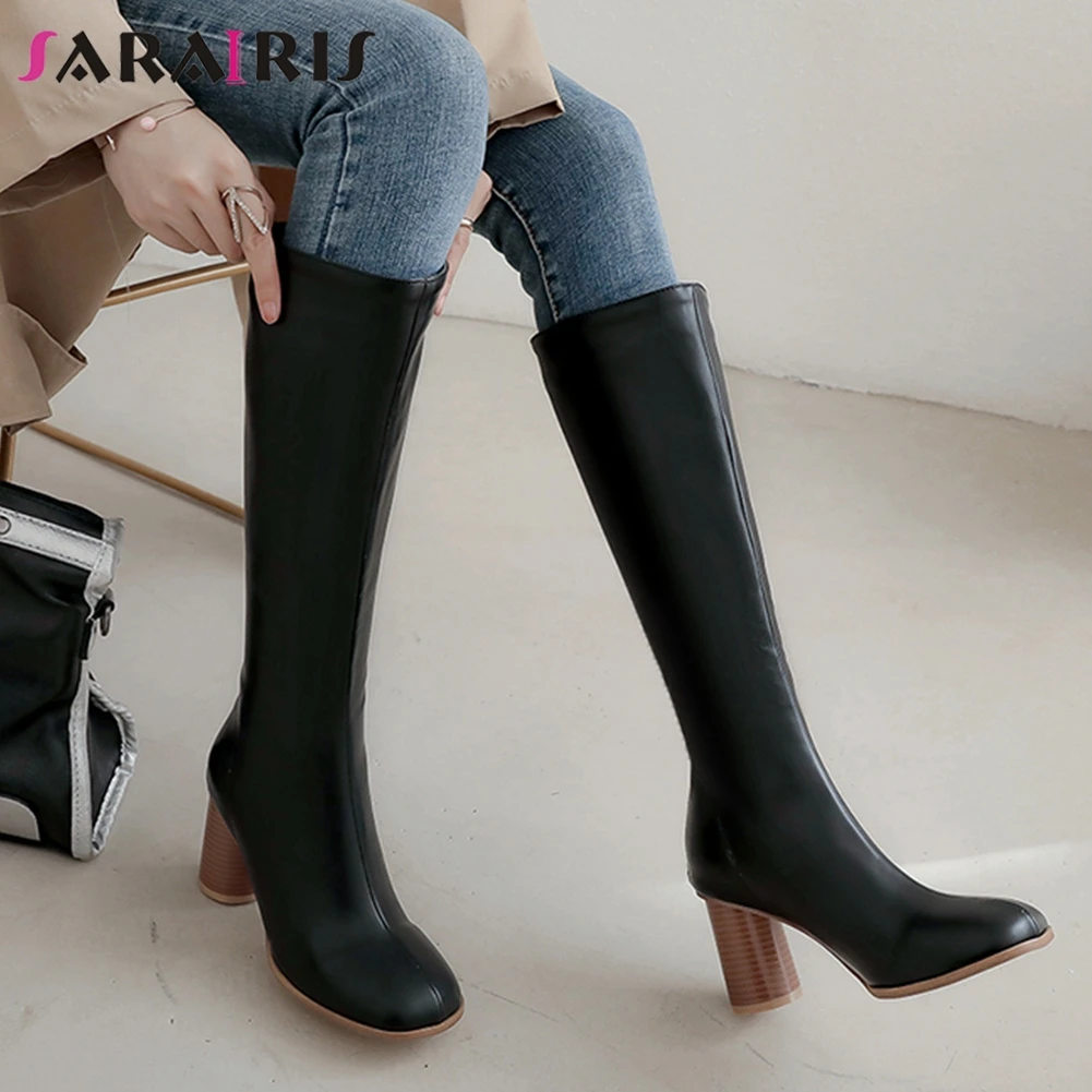 

SARAIRIS Knee High Boots Autumn Winter Concise Round High Heels Zip Knee High Boots women's Boots Woman Plus Size 32-48