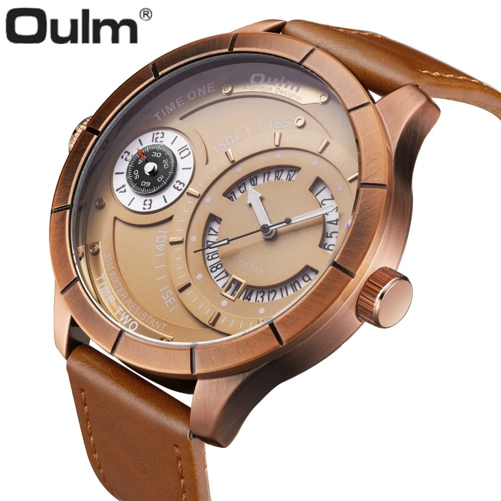 

OULM Unique Fashion Quartz Watch Men Leather Strap Dual Time Calendar Mens Watches Top Brand Luxury Oversize Waterproof Relogio