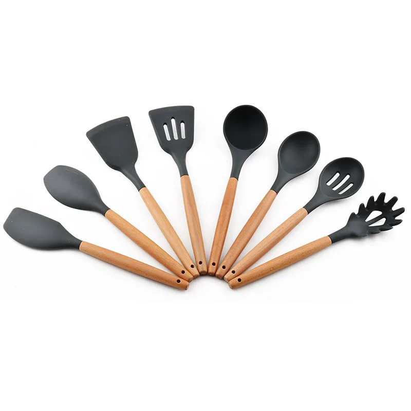 Upspirit 1PCS Silicone Spatula Spoon Colander Spaghetti Server Turner Cooking Utensil Set with Wood Handle Kitchen Gadgets