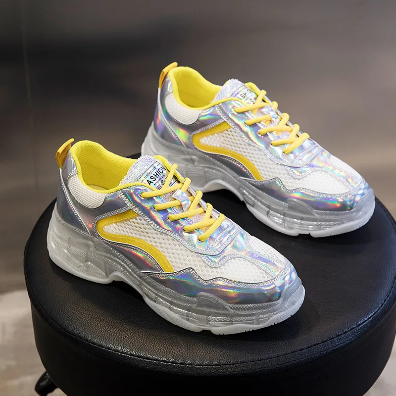 

New Mesh Designer Sneakers Fashion Sneaker Women Transparent Platform Laser Leather Breathable Walking Shoes Summer Daddy Shoes