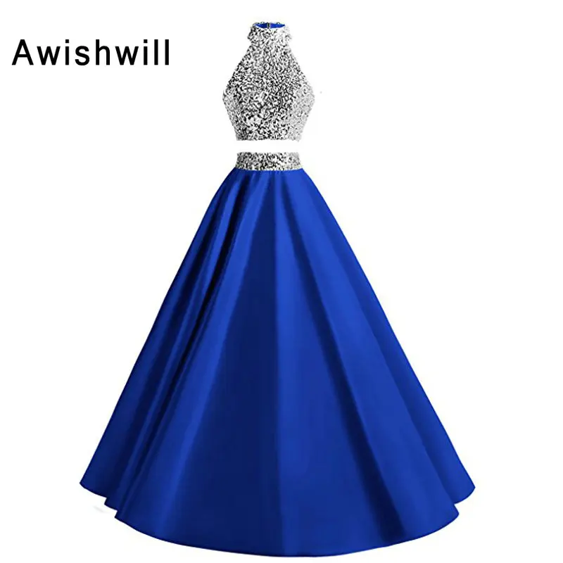 Hot Sale Real Pictures Two Piece Prom Dress Floor Length Sleeveless Sequin Bodice Satin Open Back Long Evening Dress Party Gowns October