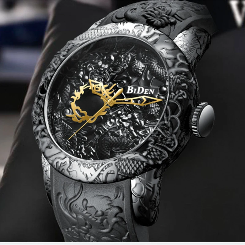 

BIDEN Brand Fashion 3D Sculpture Dragon Men's Watches Silicone Band Quartz Watches Waterproof Malde Clock