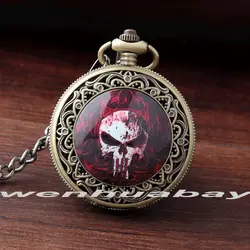 Подарок на Хэллоуин часы Вырезка Красный Череп Красный Flame Прохладный Бронзовый кварцевые карманные часы Подвеска Брелок Сеть Для женщин