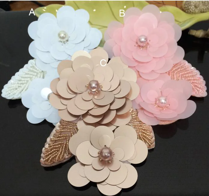 

4pcs/lot 9x13cm width white/pink/champange flower sequins beads Rhinestones clothes dress bag appliques patches B38A222K0529R