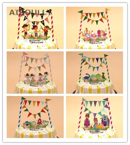 

2018 New Cartoon Dinosaur Pirate Cake Topper flag banner set Kids Boy Girl Birthday Baby Shower Cake Decoration Supplies