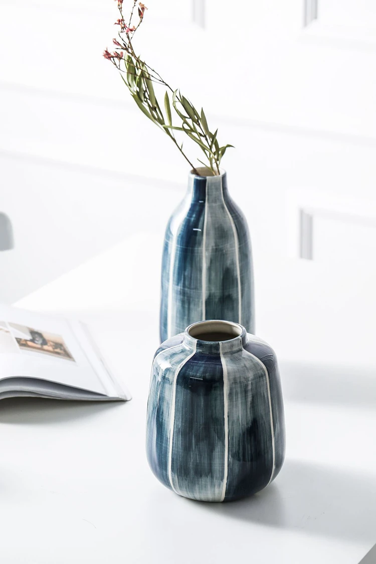 1 шт. Индиго синяя керамическая ваза простые линии цветочные вазы декоративная Цветочная ваза Основные аксессуары для украшения стола дома