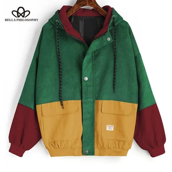 

Bella Philosophy color block Long Sleeve Corduroy Women jacket Patchwork Autumn women Jacket plus size women button female coat