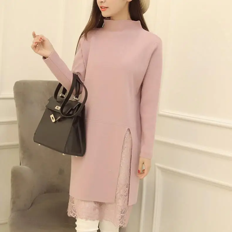 

2019 Fashion Women Pullover Sweater Casual Long Sleeve O Neck Lace Patchwork Sweater Tops Tunic Loose Pull Femme