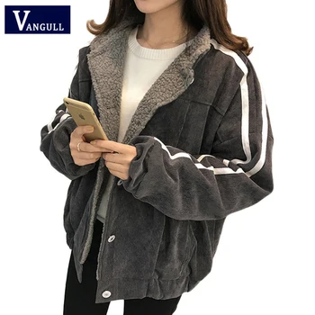 

Vangull Women Jacket Winter New Cotton Lamb Velvet Thick Coat 2019 Autumn Casual Female Long Sleeve Side Striped Loose Outerwear