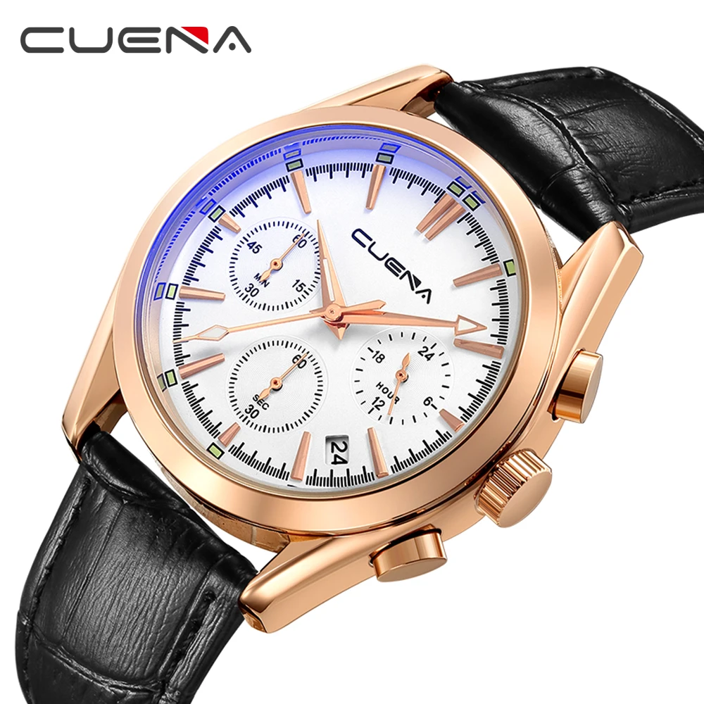 

CUENA Watch Quartz Men New Leather Brand Analog Business Wristwatch Stainless Steel Relogio Man Waterproof Date Luminous Hands