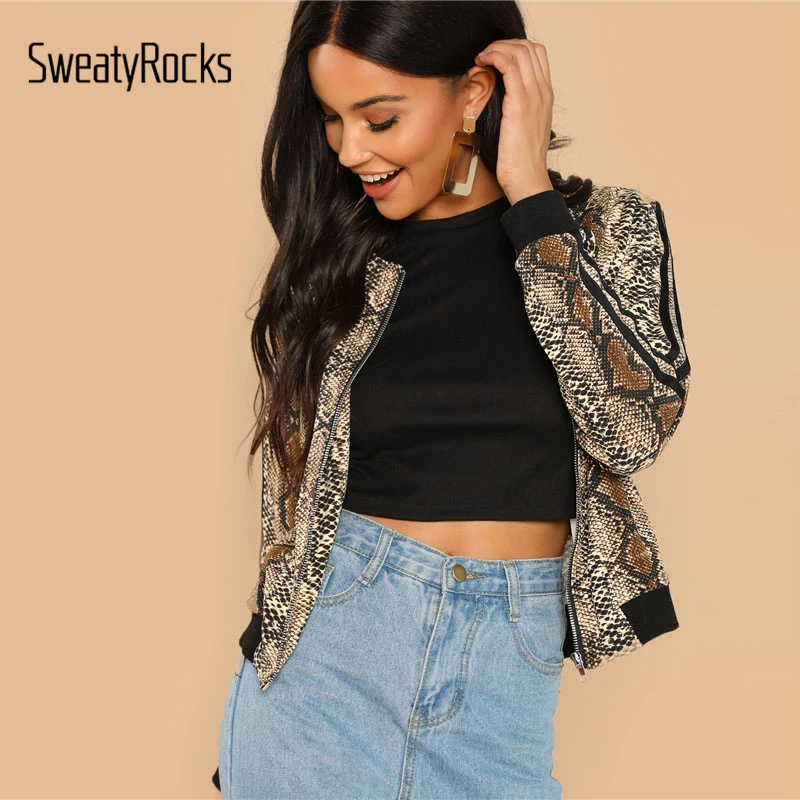 SweatyRocks Casual Striped Sleeve Snakeskin Jacket Stand Collar Zip Up Long Sleeve Coat 2018 Autumn Streetwear Women Jackets