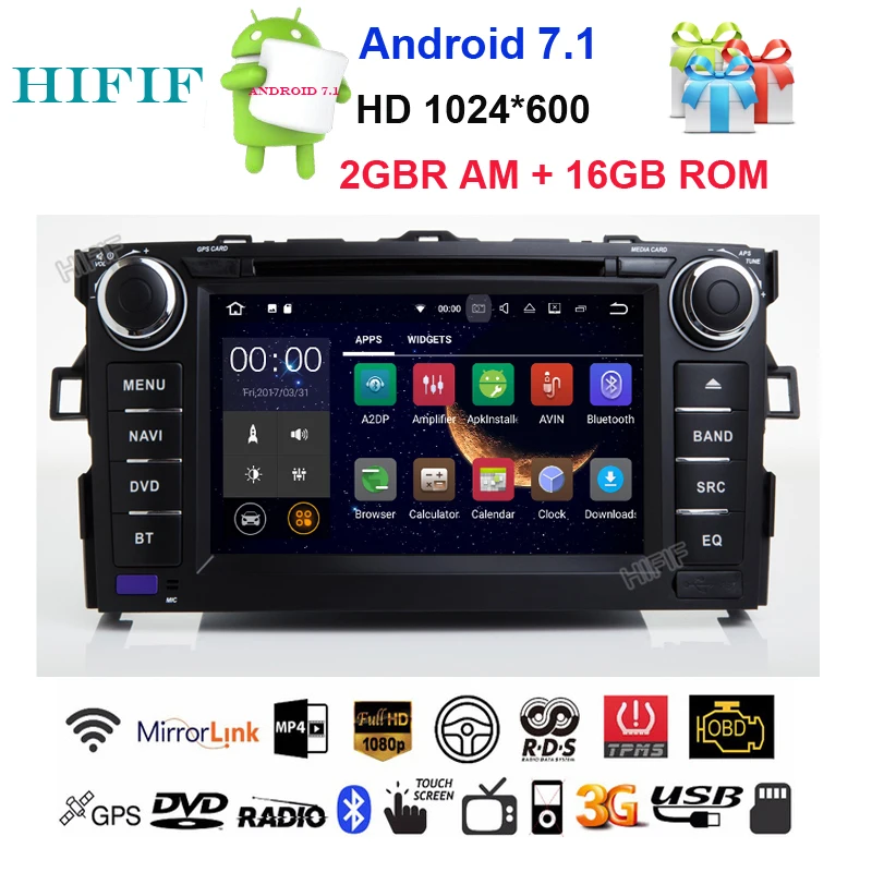 Clearance HIFIF 2 Din 1024*600 Quad Core Android 7.1.2 Car DVD GPS Navigation For Toyota Corolla 2007-2013 Car Head Unit +RDS/ 3G/4G/WIFI 0