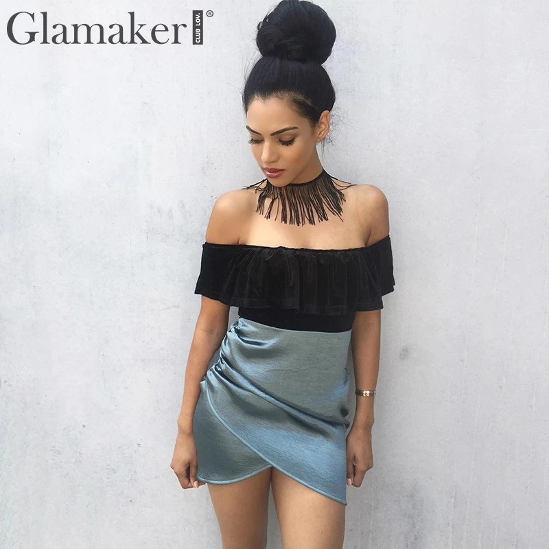 

Glamaker Off shoulder velvet sexy bodysuit women Elegant ruffle bodycon jumpsuit romper Soft bodysuit women blouse tops summer